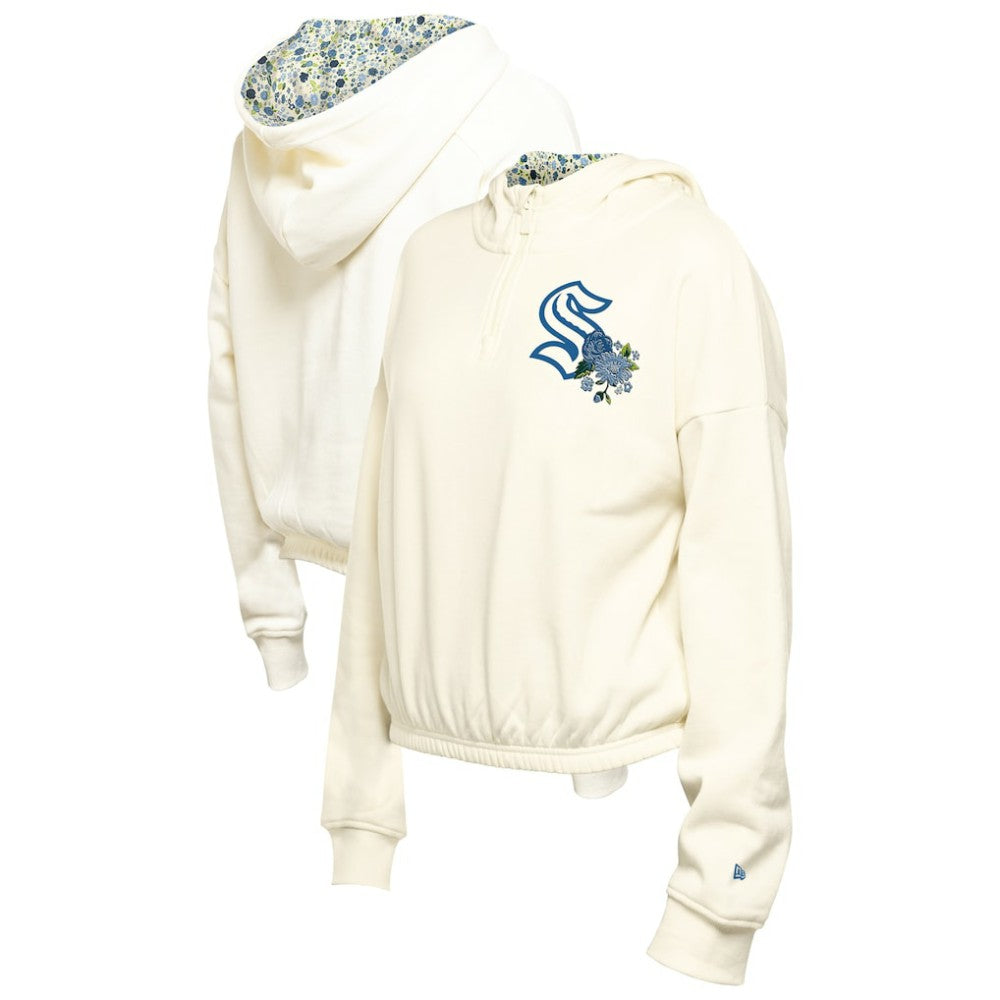 NHL Seattle Kraken New Era Women's Glam Game Quarter-Zip Cropped Floral Hoodie Pullover - Cream
