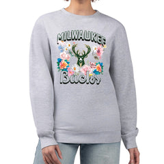 Milwaukee Bucks G-III 4Her by Carl Banks Women's Flowers Team Logo Graphic Fleece Crewneck Pullover Sweatshirt Heather Gray