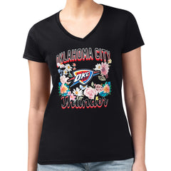 Oklahoma City Thunder G-III 4Her by Carl Banks Women's Super-Slim Fit Lightweight Flowers Team Logo Graphic V-Neck T-Shirt Black