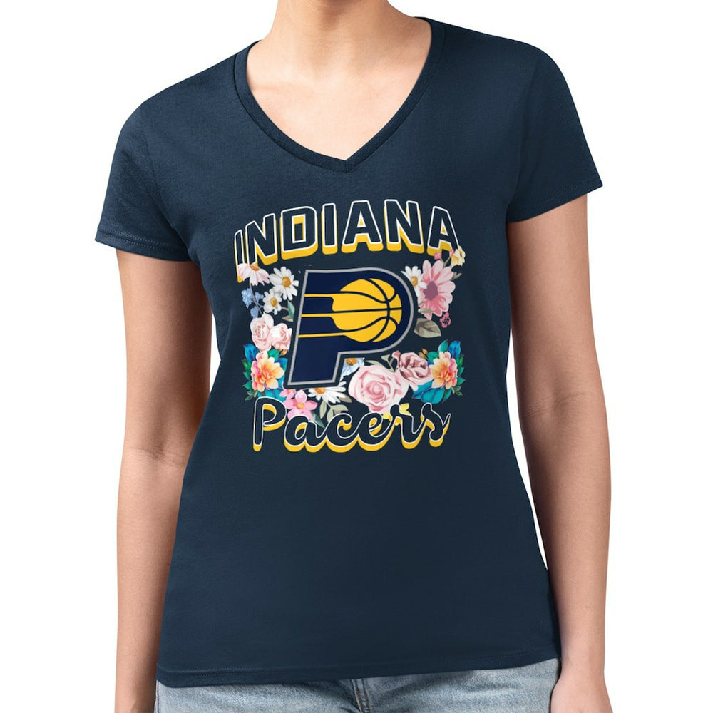Indiana Pacers G-III 4Her by Carl Banks Women's Super-Slim Fit Lightweight Flowers Team Logo Graphic V-Neck T-Shirt Navy