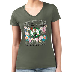 Boston Celtics G-III 4Her by Carl Banks Women's Super-Slim Fit Lightweight Flowers Team Logo Graphic V-Neck T-Shirt Olive