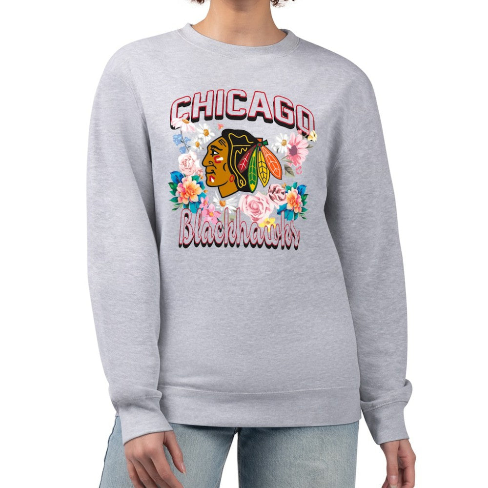 NHL Chicago Blackhawks G-III 4Her by Carl Banks Women's Flower Logo Pullover Sweatshirt - Heather Gray