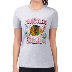 NHL Chicago Blackhawks G-III 4Her by Carl Banks Women's Super-Slim Fit Lightweight Flower Logo T-Shirt - Heather Gray