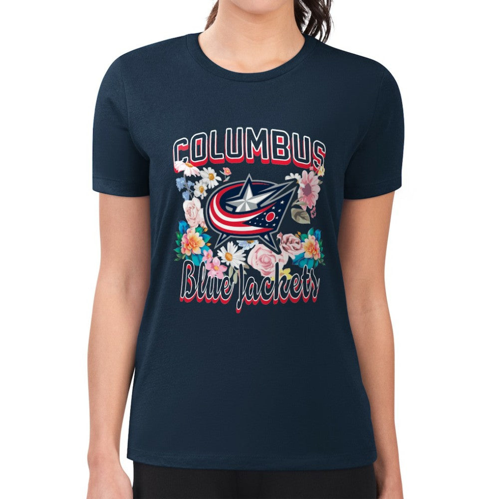 NHL Columbus Blue Jackets G-III 4Her by Carl Banks Women's Super-Slim Fit Lightweight Flower Logo T-Shirt - Navy