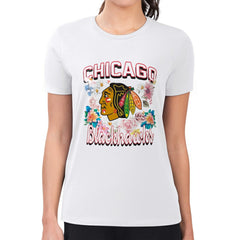 NHL Chicago Blackhawks G-III 4Her by Carl Banks Women's Super-Slim Fit Lightweight Flower Logo T-Shirt - White
