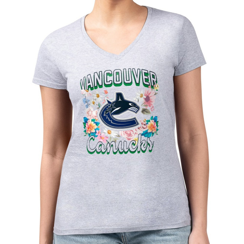 NHL Vancouver Canucks G-III 4Her by Carl Banks Women's Super-Slim Fit Lightweight Flower Logo V-Neck T-Shirt - Heather Gray