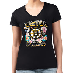 NHL Boston Bruins G-III 4Her by Carl Banks Women's Super-Slim Fit Lightweight Flower Logo V-Neck T-Shirt - Black