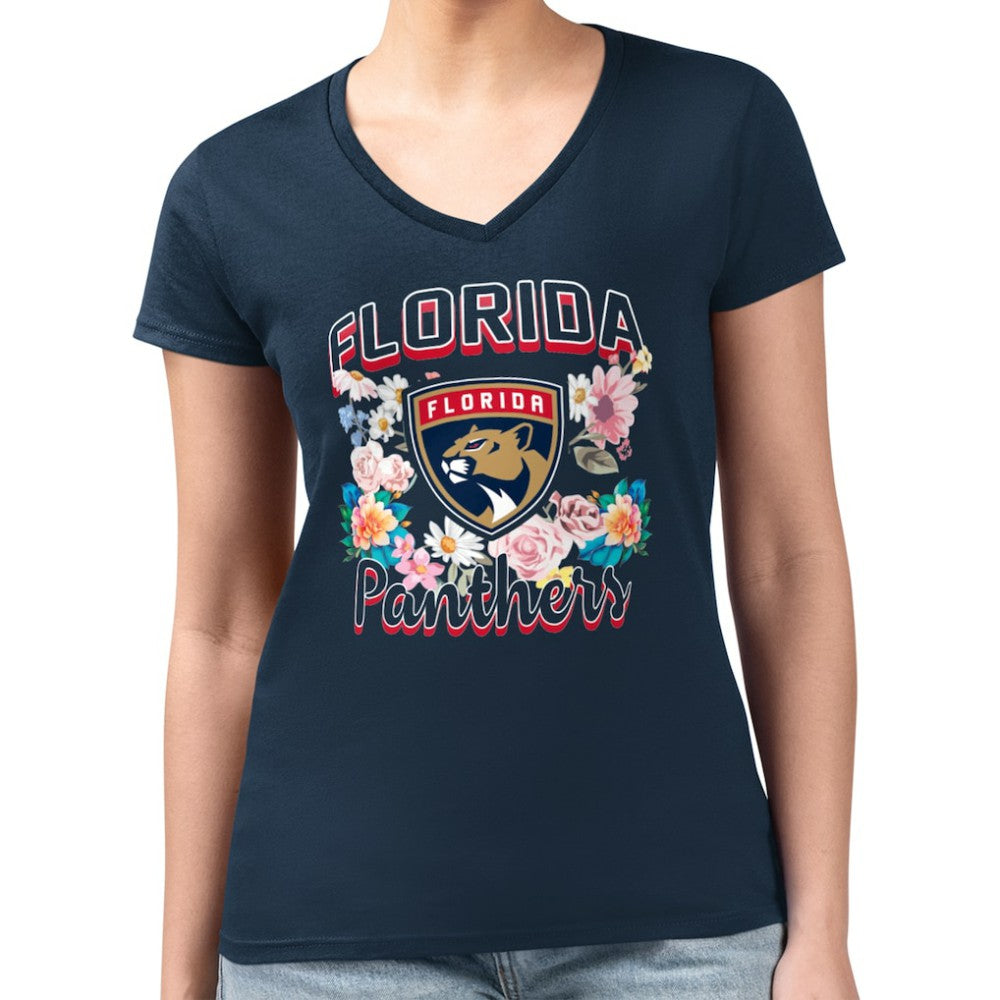 NHL Florida Panthers G-III 4Her by Carl Banks Women's Super-Slim Fit Lightweight Flower Logo V-Neck T-Shirt - Navy