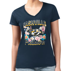 NHL Nashville Predators G-III 4Her by Carl Banks Women's Super-Slim Fit Lightweight Flower Logo V-Neck T-Shirt - Navy