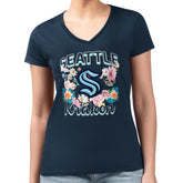 NHL Seattle Kraken G-III 4Her by Carl Banks Women's Super-Slim Fit Lightweight Flower Logo V-Neck T-Shirt - Navy