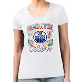 NHL Edmonton Oilers G-III 4Her by Carl Banks Women's Super-Slim Fit Lightweight Flower Logo V-Neck T-Shirt - White