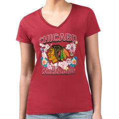 NHL Chicago Blackhawks G-III 4Her by Carl Banks Women's Super-Slim Fit Lightweight Flower Logo V-Neck T-Shirt - Red