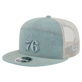 Philadelphia 76ers Adventure Denim Split Panel 9FIFTY Snapback Trucker Hat