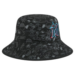 Miami Marlins New Era 2025 Spring Training All Over Print Bucket Hat - Black Hats