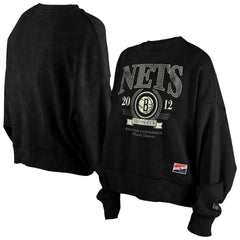 Brooklyn Nets Women's Throwback Vintage Enzyme Wash Oversized Boxy Pullover Sweatshirt Black