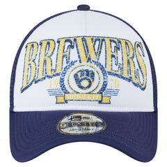 Milwaukee Brewers New Era Distressed 9FORTY A-Frame Adjustable Trucker Hat - White Hats