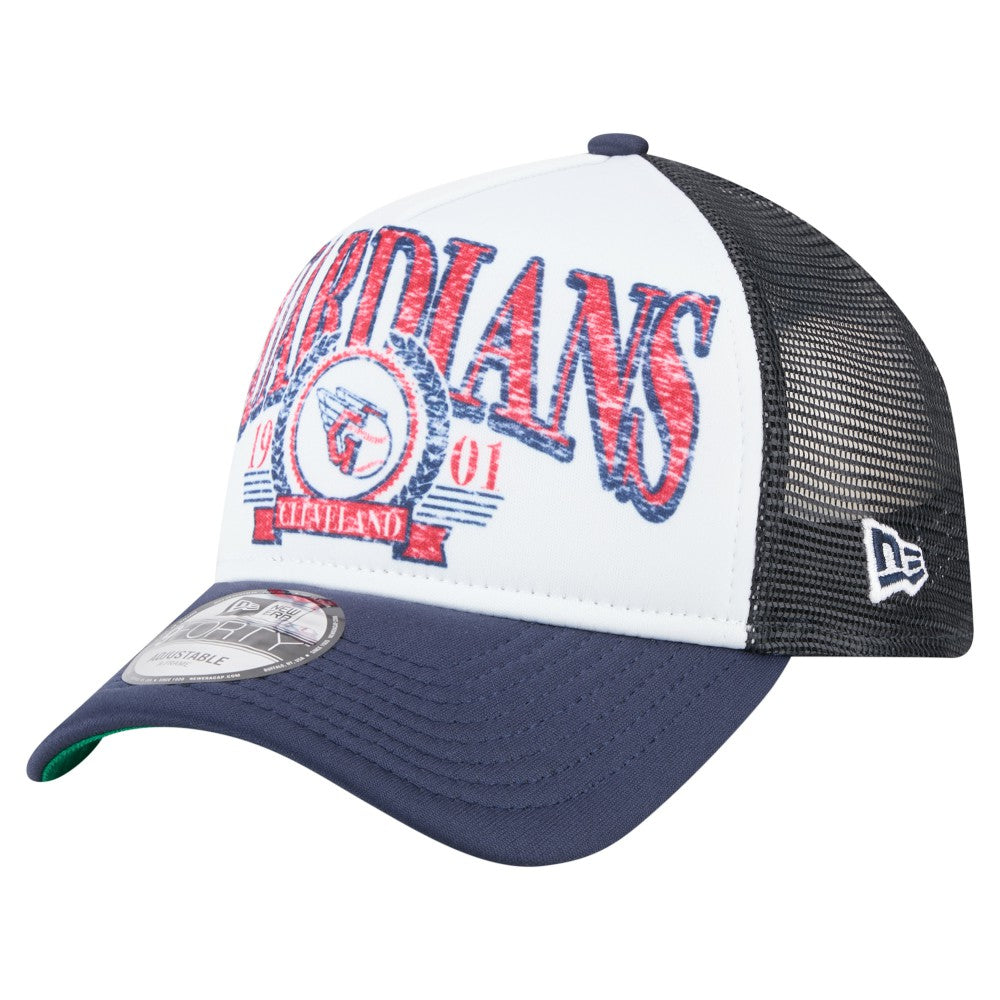 Cleveland Guardians New Era Distressed 9FORTY A-Frame Adjustable Trucker Hat - White/Navy Hats