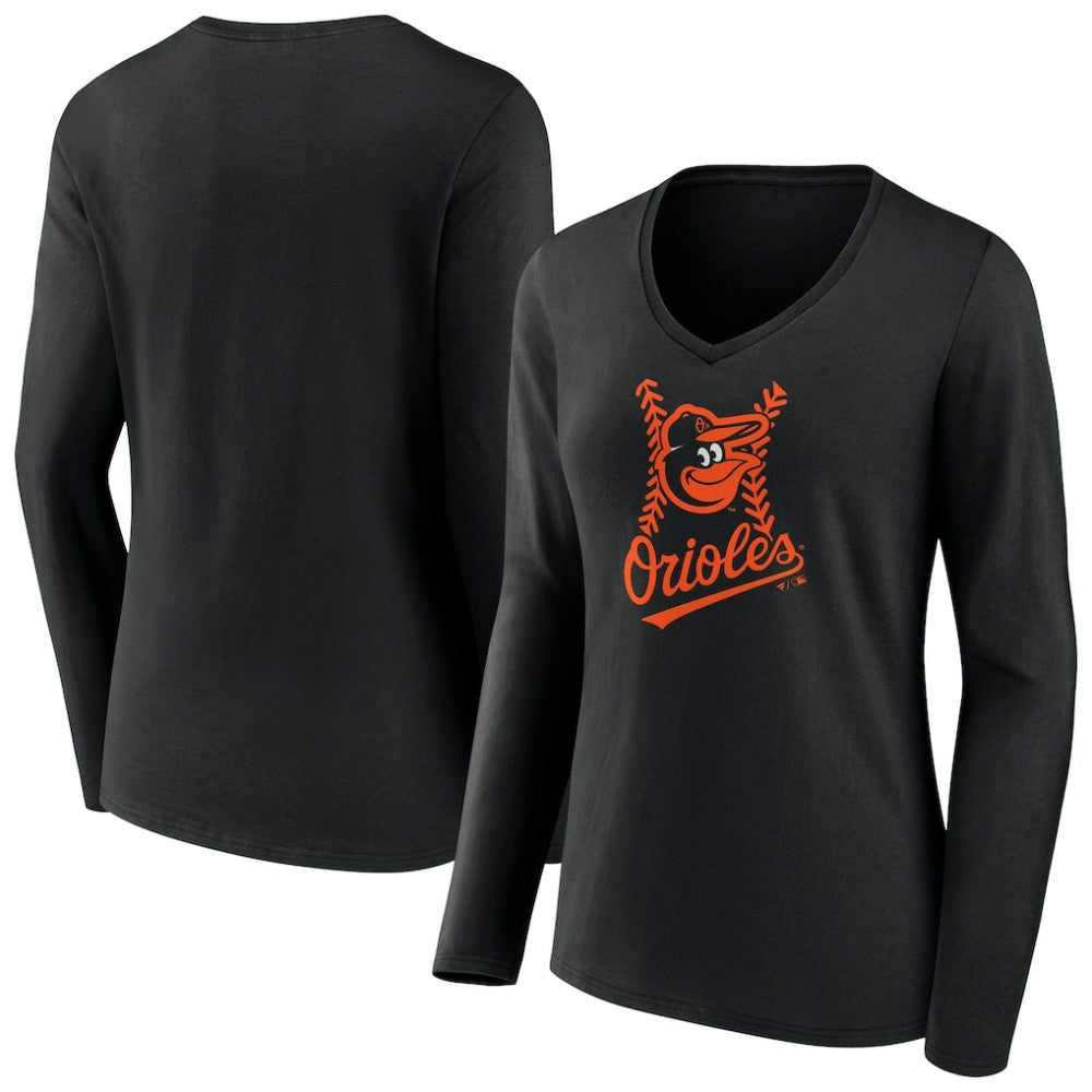 Baltimore Orioles Women's Fastball Long Sleeve V-Neck T-Shirt - Black T-shirts