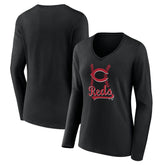 Cincinnati Reds Women's Fastball Long Sleeve V-Neck T-Shirt - Black T-shirts