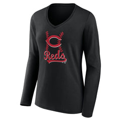 Cincinnati Reds Women's Fastball Long Sleeve V-Neck T-Shirt - Black T-shirts