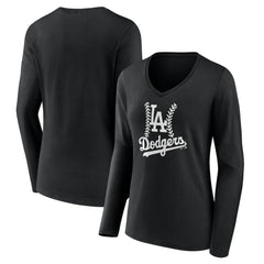 Los Angeles Dodgers Women's Fastball Long Sleeve V-Neck T-Shirt - Black T-shirts