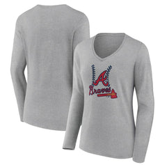 Atlanta Braves Women's Fastball Long Sleeve V-Neck T-Shirt - Gray T-shirts