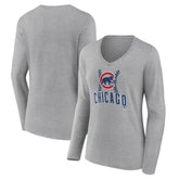 Chicago Cubs Women's Fastball Long Sleeve V-Neck T-Shirt - Gray T-shirts