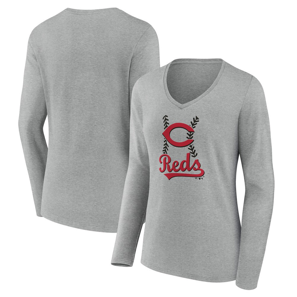 Cincinnati Reds Women's Fastball Long Sleeve V-Neck T-Shirt - Gray T-shirts