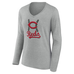 Cincinnati Reds Women's Fastball Long Sleeve V-Neck T-Shirt - Gray T-shirts