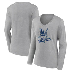Los Angeles Dodgers Women's Fastball Long Sleeve V-Neck T-Shirt - Gray T-shirts