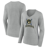 Milwaukee Brewers Women's Fastball Long Sleeve V-Neck T-Shirt - Gray T-shirts