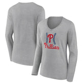 Philadelphia Phillies Women's Fastball Long Sleeve V-Neck T-Shirt - Gray T-shirts