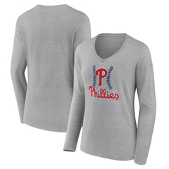 Philadelphia Phillies Women's Fastball Long Sleeve V-Neck T-Shirt - Gray T-shirts