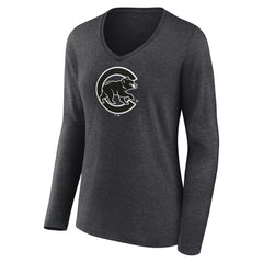 Chicago Cubs Women's Monochrome Long Sleeve V-Neck T-Shirt - Charcoal T-shirts