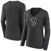 Milwaukee Brewers Women's Monochrome Long Sleeve V-Neck T-Shirt - Charcoal T-shirts