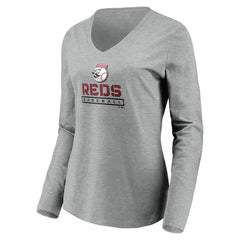 Cincinnati Reds Women's Evanston Stencil Long Sleeve V-Neck T-Shirt - Gray T-shirts