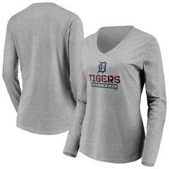 Detroit Tigers Women's Evanston Stencil Long Sleeve V-Neck T-Shirt - Gray T-shirts