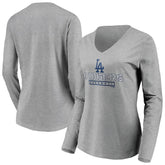 Los Angeles Dodgers Women's Evanston Stencil Long Sleeve V-Neck T-Shirt - Gray T-shirts