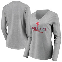 Philadelphia Phillies Women's Evanston Stencil Long Sleeve V-Neck T-Shirt - Gray T-shirts
