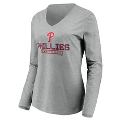 Philadelphia Phillies Women's Evanston Stencil Long Sleeve V-Neck T-Shirt - Gray T-shirts