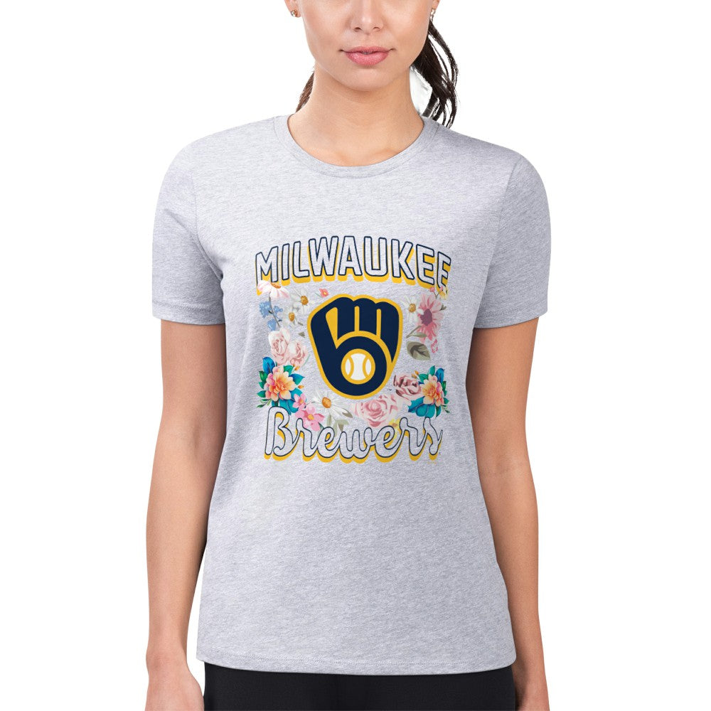 Milwaukee Brewers G-III 4Her by Carl Banks Women's Super-Slim Fit Lightweight Flowers Graphic T-Shirt - Heather Gray T-shirts