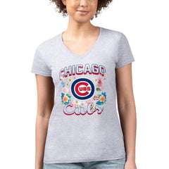 Chicago Cubs G-III 4Her by Carl Banks Women's Super-Slim Fit Lightweight Flowers Graphic V-Neck T-Shirt - Heather Gray T-shirts