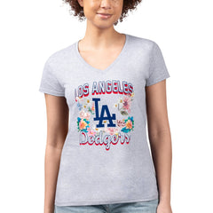 Los Angeles Dodgers G-III 4Her by Carl Banks Women's Super-Slim Fit Lightweight Flowers Graphic V-Neck T-Shirt - Heather Gray T-shirts