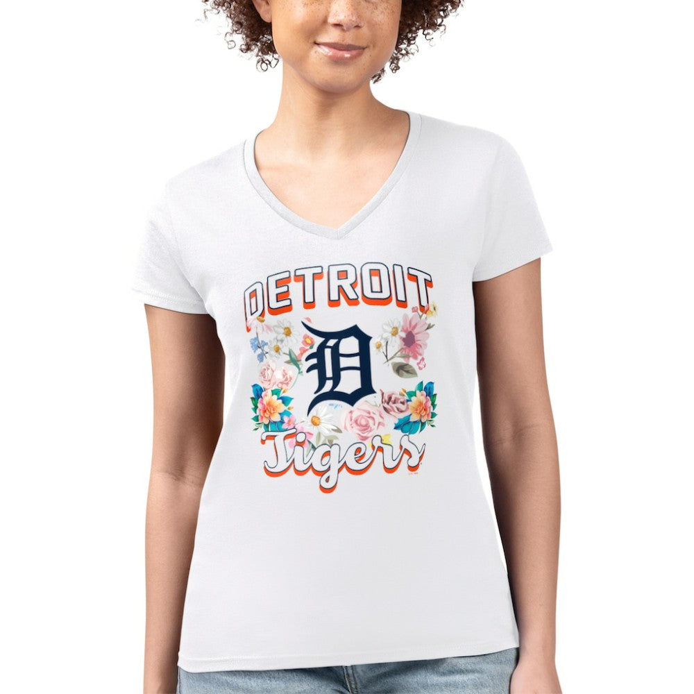 Detroit Tigers G-III 4Her by Carl Banks Women's Super-Slim Fit Lightweight Flowers Graphic V-Neck T-Shirt - White T-shirts