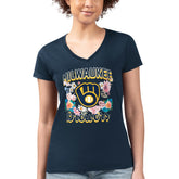 Milwaukee Brewers G-III 4Her by Carl Banks Women's Super-Slim Fit Lightweight Flowers Graphic V-Neck T-Shirt - Navy T-shirts