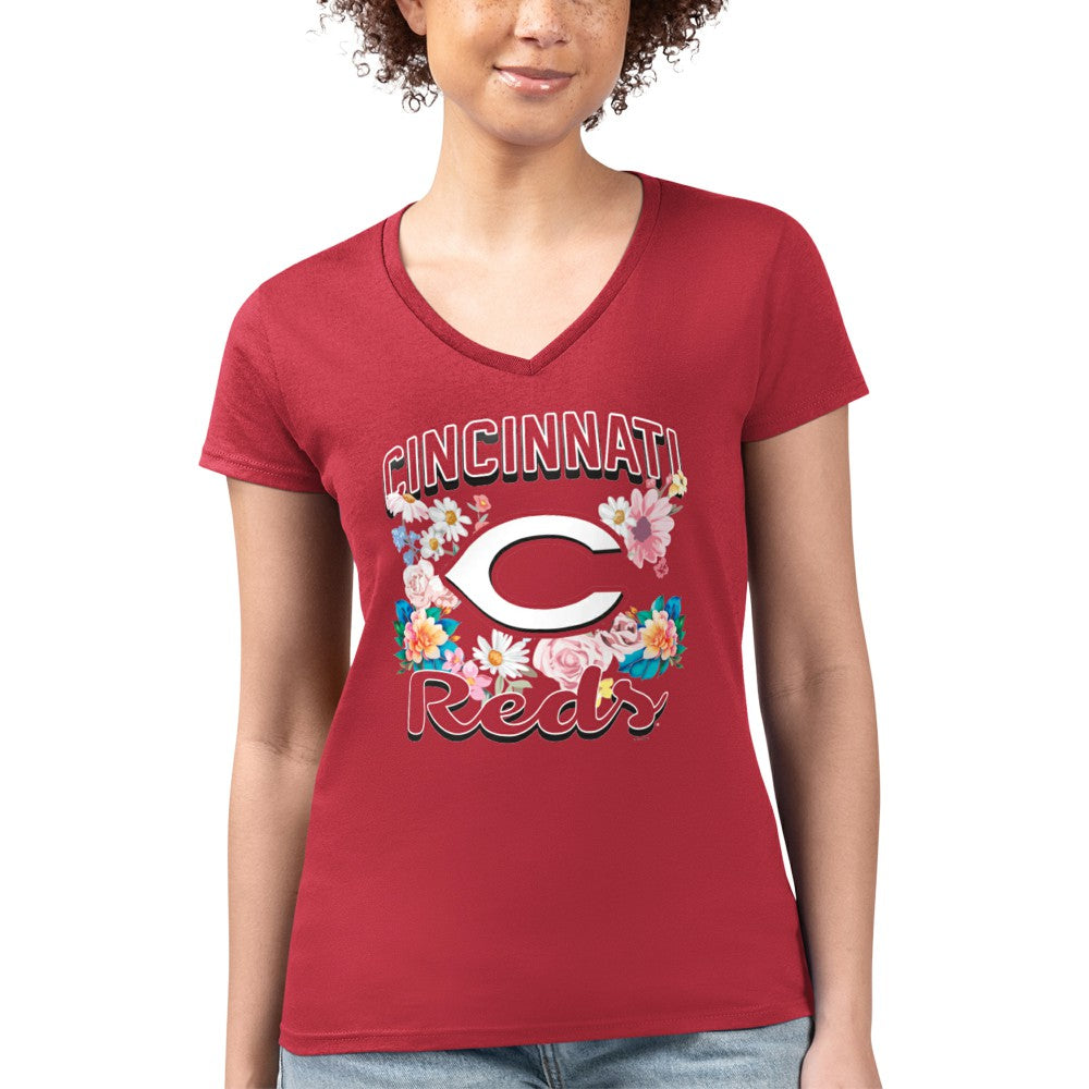 Cincinnati Reds G-III 4Her by Carl Banks Women's Super-Slim Fit Lightweight Flowers Graphic V-Neck T-Shirt - Red T-shirts