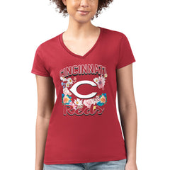 Cincinnati Reds G-III 4Her by Carl Banks Women's Super-Slim Fit Lightweight Flowers Graphic V-Neck T-Shirt - Red T-shirts