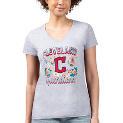 Cleveland Guardians G-III 4Her by Carl Banks Women's Super-Slim Fit Lightweight Flowers Graphic V-Neck T-Shirt - Heather Gray T-shirts