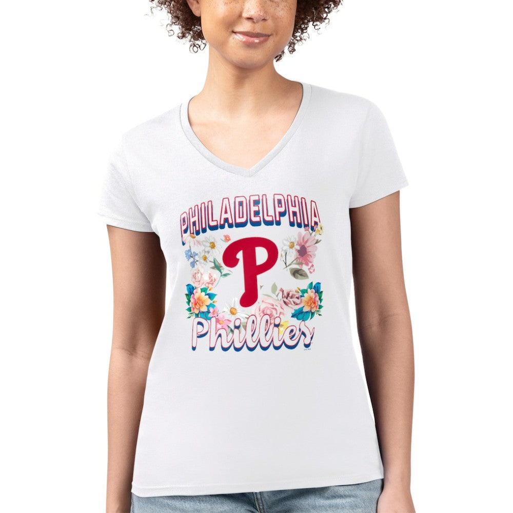 Philadelphia Phillies G-III 4Her by Carl Banks Women's Super-Slim Fit Lightweight Flowers Graphic V-Neck T-Shirt - White T-shirts