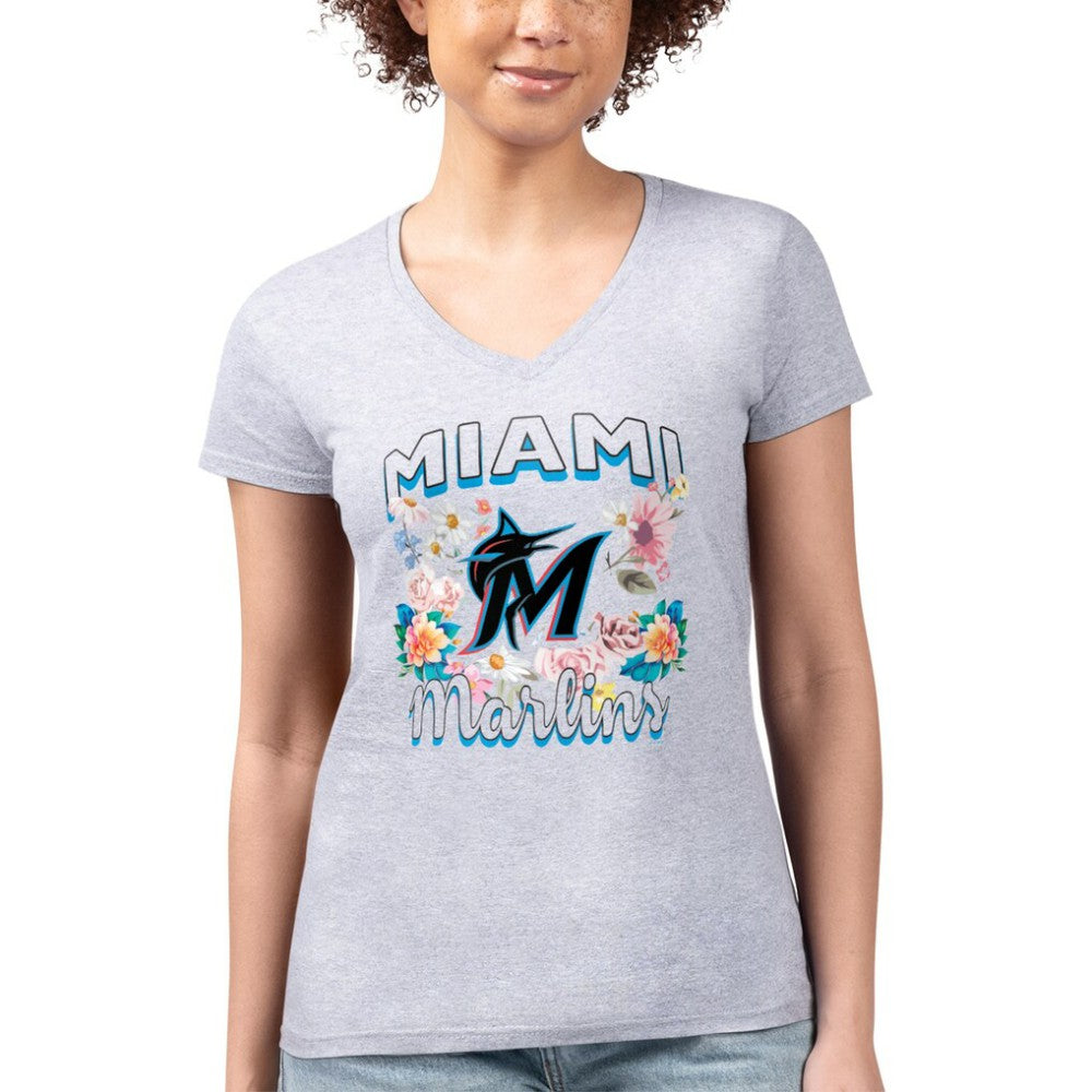 Miami Marlins G-III 4Her by Carl Banks Women's Super-Slim Fit Lightweight Flowers Graphic V-Neck T-Shirt - Heather Gray T-shirts